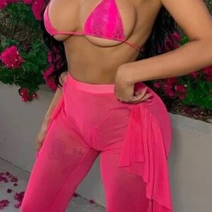 FASHION NOVA SUNSHINE SWIM  SEE THROUGH COVER UP PANT HOT PINK